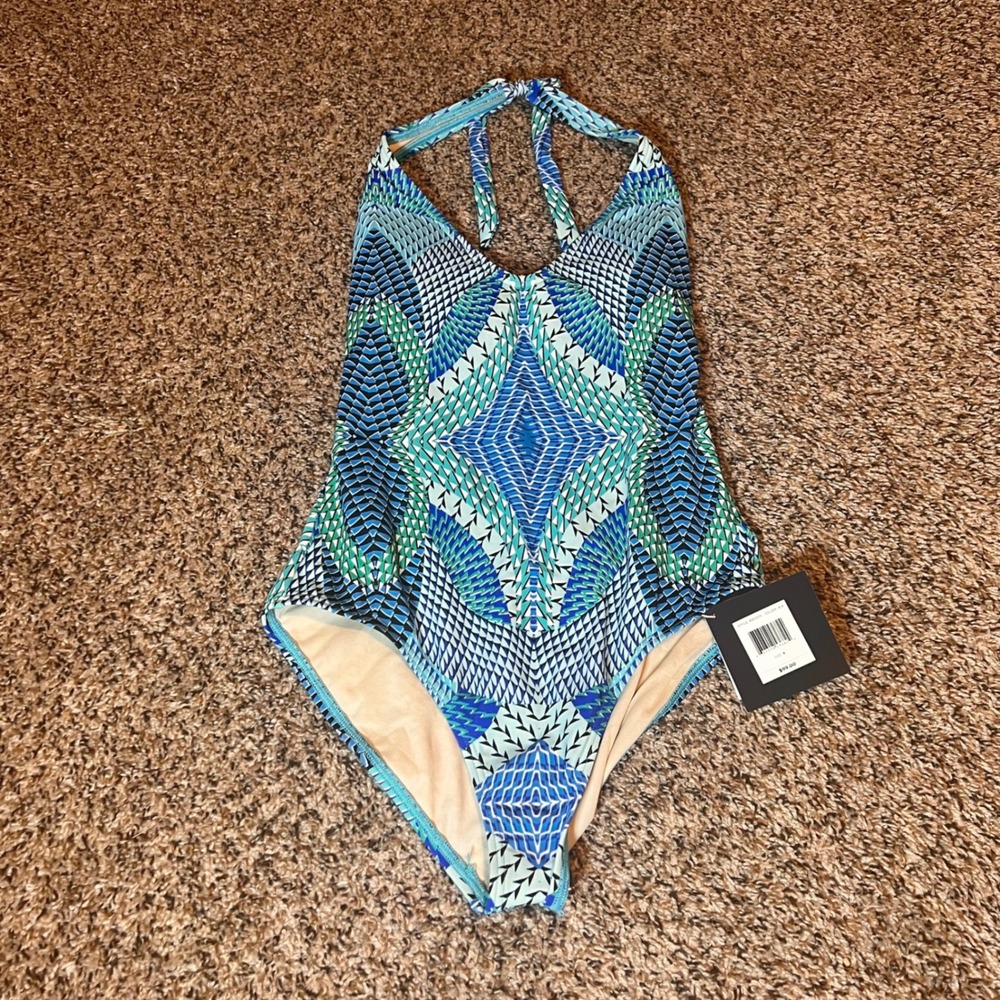 Echo Women's Halter One Piece Swimsuit Blue‎ Green Geometric Print Size 4 NWT